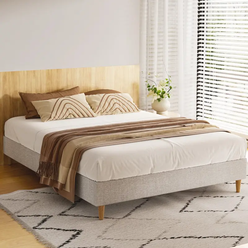 Zora Beige Queen Bed Frame – Soft-Tone Upholstered Platform Bed With Clean Lines 1